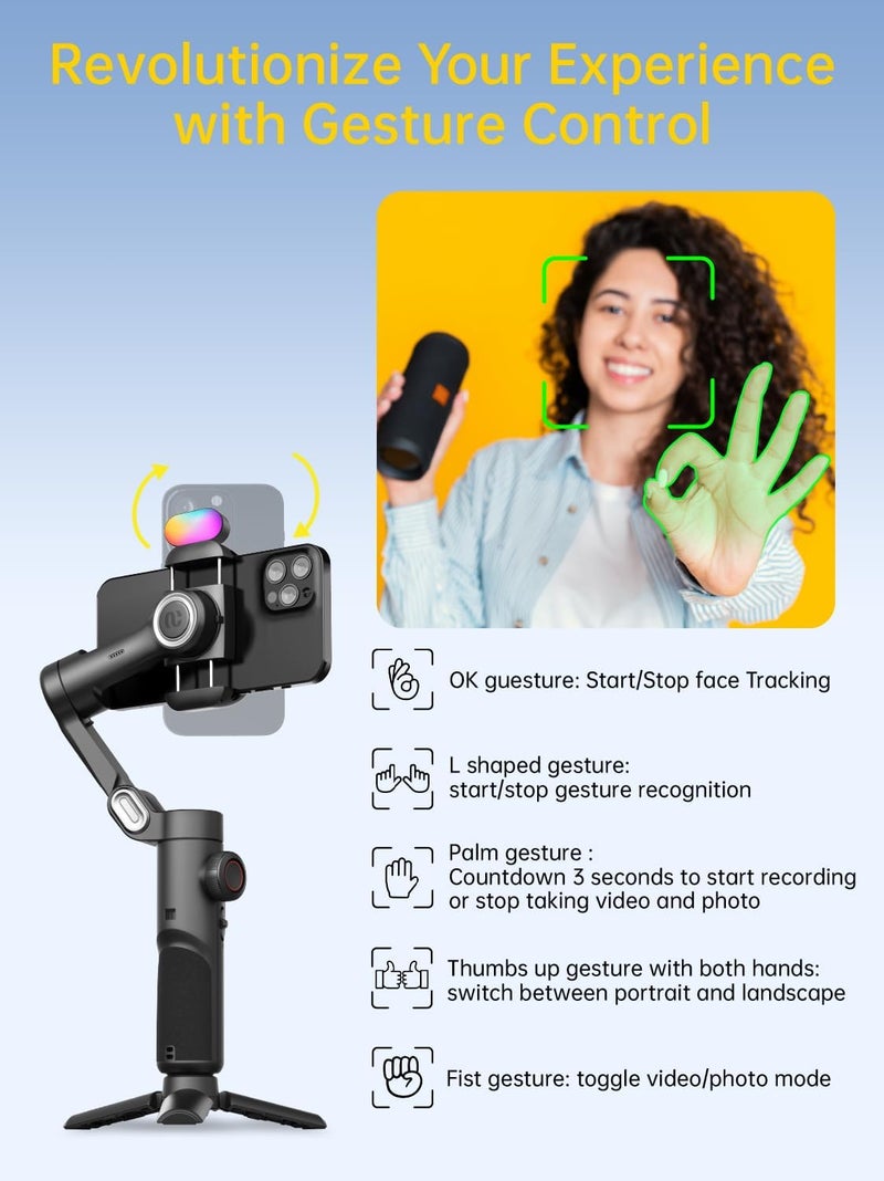 AOCHUAN 3-Axis Gimbal Stabilizer for iPhone Gimbal with RGB Magnetic Fill Light Upgraded Face Tracking Focus Wheel Foldable Smartphone for iPhone/Android Phone Stabilizer Vlog Recording Smart XE Kit - Image 5